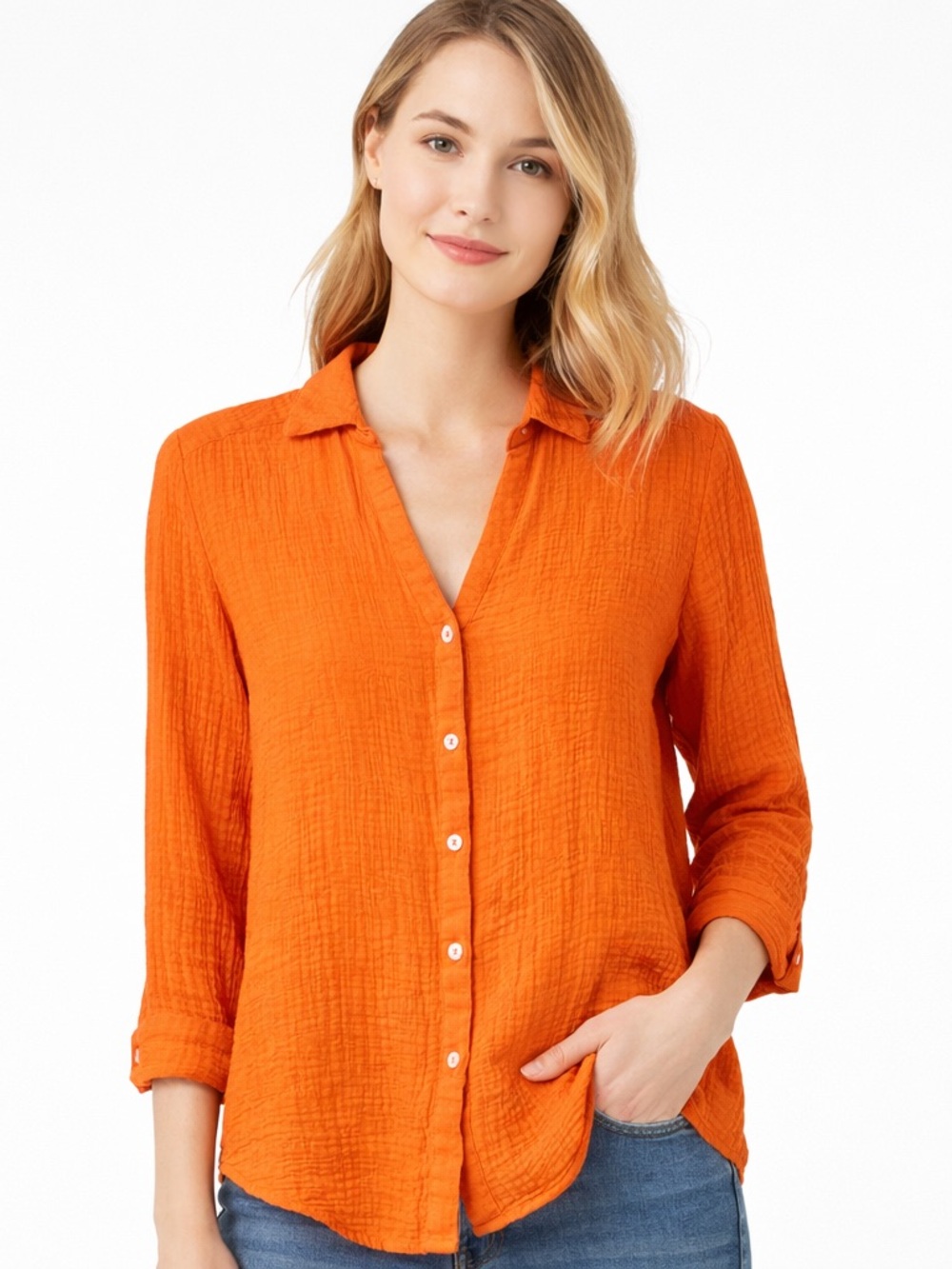 Lilla P Orange Cotton Gauze Button Down Shirt Textured XS